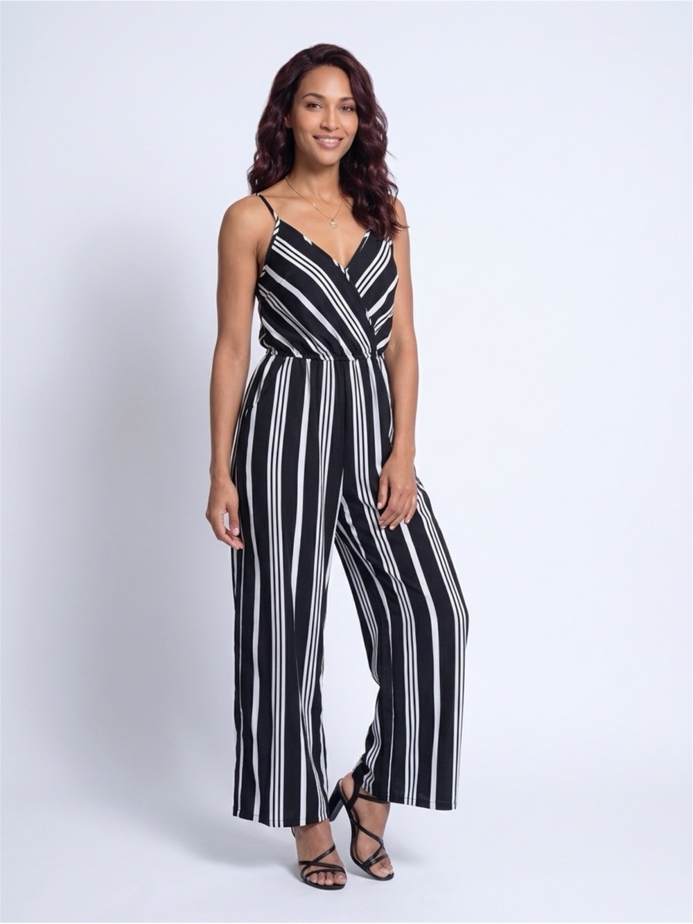 Fashion Nova Black & White Striped Wrap-Front Jumpsuit
